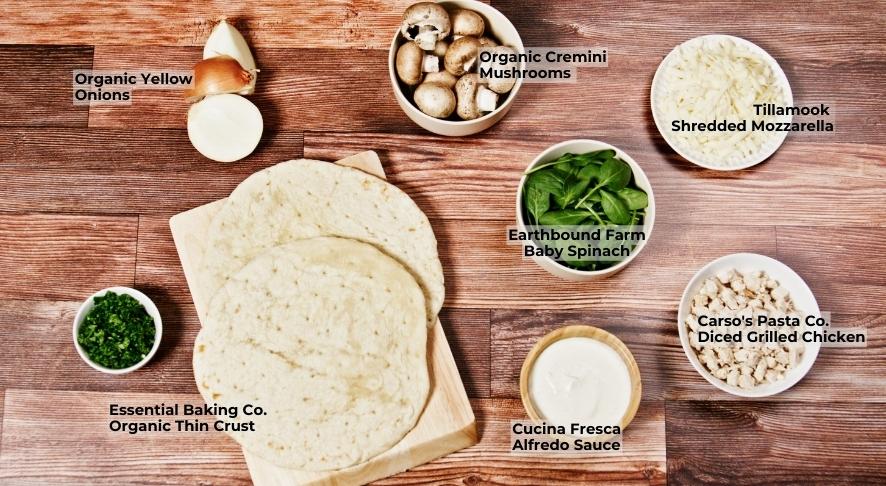 Ingredients to bake a chicken alfredo pizza at home